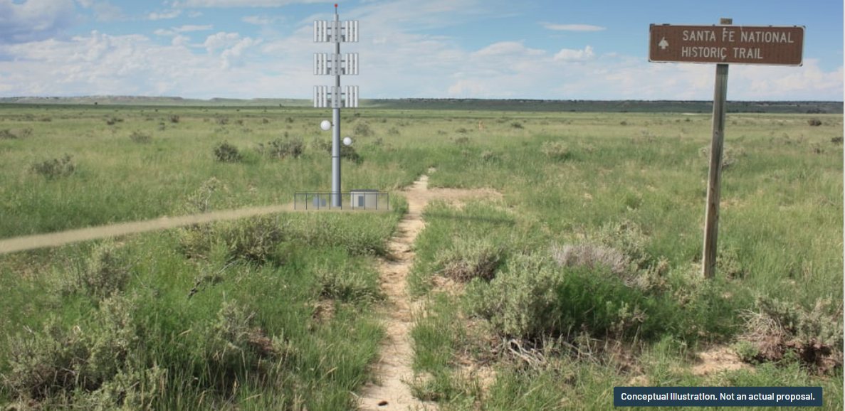 Illustration of a cell tower beside the Santa Fe Trail